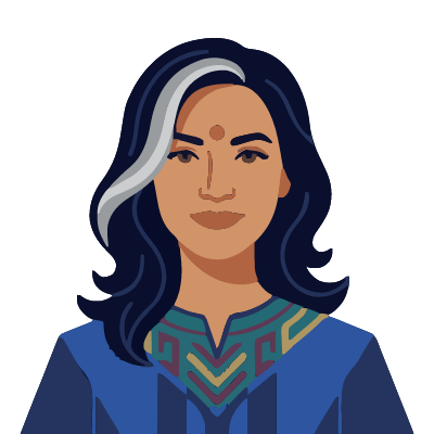 An Indian woman about 42 with medium-brown skin, long black hair with one wide streak of silver-gray at the front, a clearly visible round bright red bindi dot in the middle of her forehead, a small gold stud on her left nostril, a cobalt-blue kurta top. Art deco style.