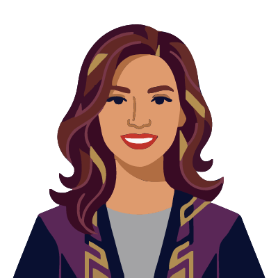 A Colombian woman about 50 with warm light-brown skin, shoulder-length wavy chestnut hair, red lipstick, a purple cardigan over a gray top. Art deco style.