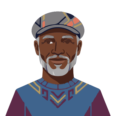 A Kenyan man about 52 with deep brown skin, a gray flat cap, a short salt-and-pepper beard, a blue knit sweater. Art deco style.