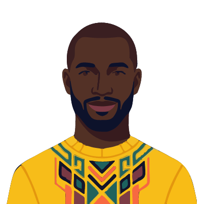 A Senegalese man about 34 with very dark brown skin, a shaved head, a neatly trimmed beard, a bright yellow sweater. Art deco style.