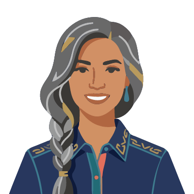 A Cherokee woman about 54 with medium-brown skin, long gray-streaked black hair in a side braid over her shoulder, turquoise earrings, a blue denim shirt. Art deco style.