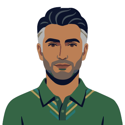 An Iranian man about 45 with olive skin, short dark hair with gray temples, thick dark eyebrows, light stubble, a forest-green polo shirt. Art deco style.