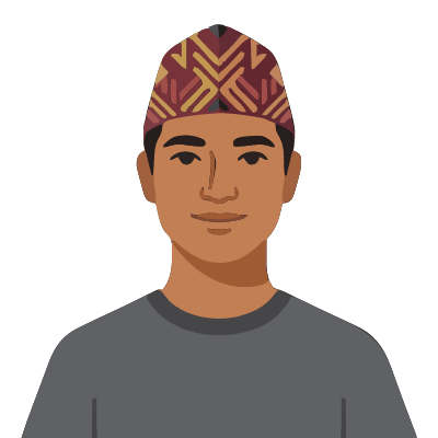 A Nepali man about 27 with medium-brown skin, short black hair under a maroon-and-mustard topi cap, a gray sweater. Art deco style.