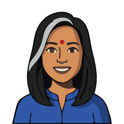 An Indian woman about 42 with medium-brown skin, long black hair with one wide streak of silver-gray at the front, a clearly visible round bright red bindi dot in the middle of her forehead, a small gold stud on her left nostril, a cobalt-blue kurta top. Bold outline style.
