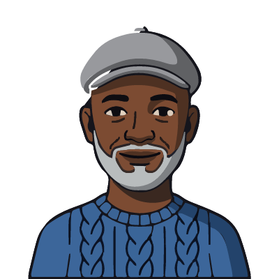 A Kenyan man about 52 with deep brown skin, a gray flat cap, a short salt-and-pepper beard, a blue knit sweater. Bold outline style.