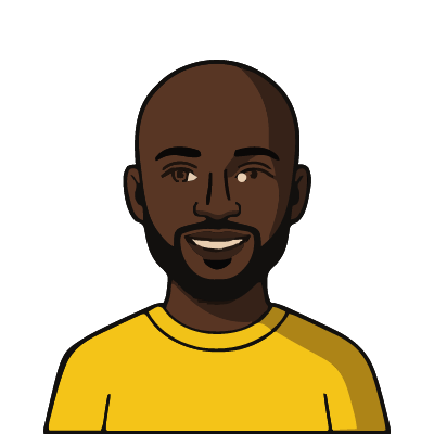 A Senegalese man about 34 with very dark brown skin, a shaved head, a neatly trimmed beard, a bright yellow sweater. Bold outline style.