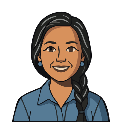 A Cherokee woman about 54 with medium-brown skin, long gray-streaked black hair in a side braid over her shoulder, turquoise earrings, a blue denim shirt. Bold outline style.