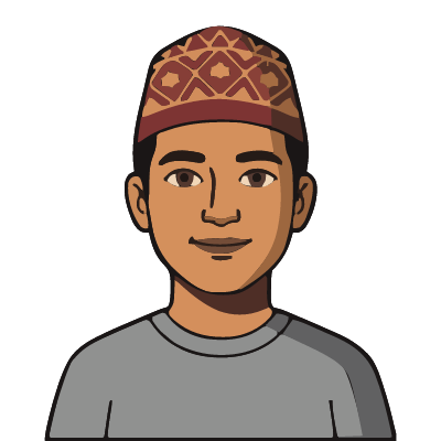 A Nepali man about 27 with medium-brown skin, short black hair under a maroon-and-mustard topi cap, a gray sweater. Bold outline style.