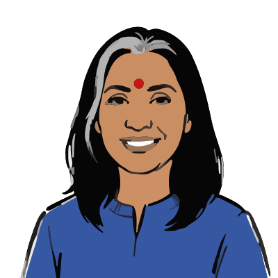 An Indian woman about 42 with medium-brown skin, long black hair with one wide streak of silver-gray at the front, a clearly visible round bright red bindi dot in the middle of her forehead, a small gold stud on her left nostril, a cobalt-blue kurta top. Brush ink style.