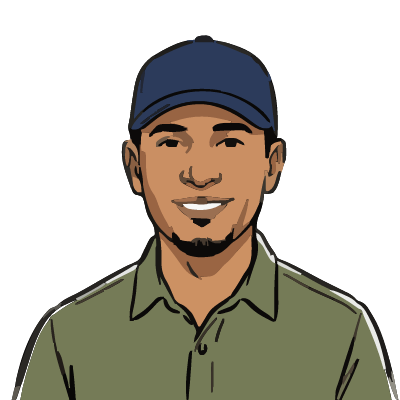 A Puerto Rican man about 38 with medium-brown skin, a navy baseball cap, a thin black goatee, an olive button-up shirt. Brush ink style.