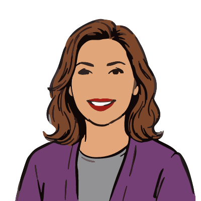 A Colombian woman about 50 with warm light-brown skin, shoulder-length wavy chestnut hair, red lipstick, a purple cardigan over a gray top. Brush ink style.
