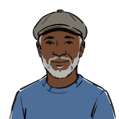 A Kenyan man about 52 with deep brown skin, a gray flat cap, a short salt-and-pepper beard, a blue knit sweater. Brush ink style.