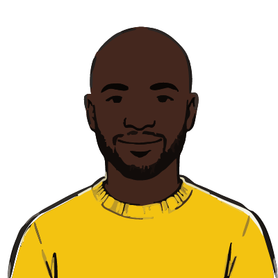 A Senegalese man about 34 with very dark brown skin, a shaved head, a neatly trimmed beard, a bright yellow sweater. Brush ink style.