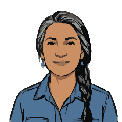A Cherokee woman about 54 with medium-brown skin, long gray-streaked black hair in a side braid over her shoulder, turquoise earrings, a blue denim shirt. Brush ink style.