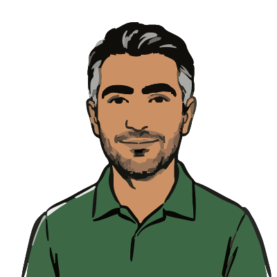 An Iranian man about 45 with olive skin, short dark hair with gray temples, thick dark eyebrows, light stubble, a forest-green polo shirt. Brush ink style.