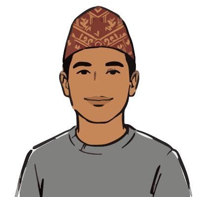 A Nepali man about 27 with medium-brown skin, short black hair under a maroon-and-mustard topi cap, a gray sweater. Brush ink style.