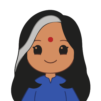 An Indian woman about 42 with medium-brown skin, long black hair with one wide streak of silver-gray at the front, a clearly visible round bright red bindi dot in the middle of her forehead, a small gold stud on her left nostril, a cobalt-blue kurta top. Chibi style.