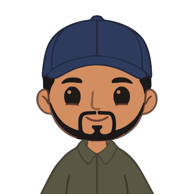 A Puerto Rican man about 38 with medium-brown skin, a navy baseball cap, a thin black goatee, an olive button-up shirt. Chibi style.