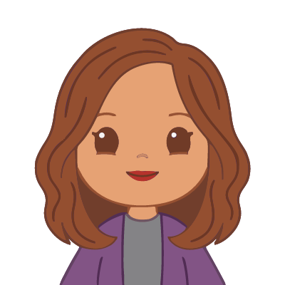 A Colombian woman about 50 with warm light-brown skin, shoulder-length wavy chestnut hair, red lipstick, a purple cardigan over a gray top. Chibi style.