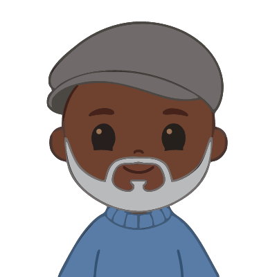 A Kenyan man about 52 with deep brown skin, a gray flat cap, a short salt-and-pepper beard, a blue knit sweater. Chibi style.