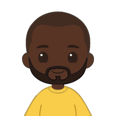 A Senegalese man about 34 with very dark brown skin, a shaved head, a neatly trimmed beard, a bright yellow sweater. Chibi style.