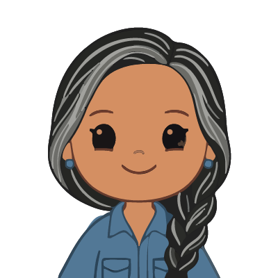 A Cherokee woman about 54 with medium-brown skin, long gray-streaked black hair in a side braid over her shoulder, turquoise earrings, a blue denim shirt. Chibi style.