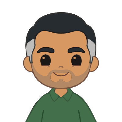 An Iranian man about 45 with olive skin, short dark hair with gray temples, thick dark eyebrows, light stubble, a forest-green polo shirt. Chibi style.