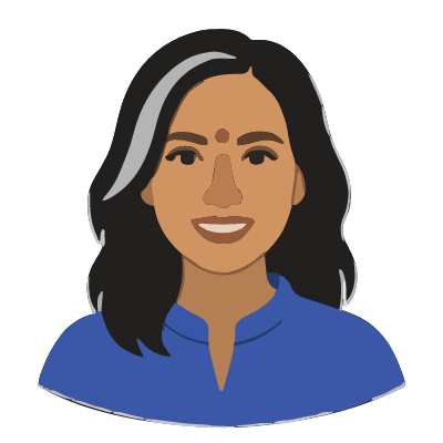 An Indian woman about 42 with medium-brown skin, long black hair with one wide streak of silver-gray at the front, a clearly visible round bright red bindi dot in the middle of her forehead, a small gold stud on her left nostril, a cobalt-blue kurta top. Cut paper style.