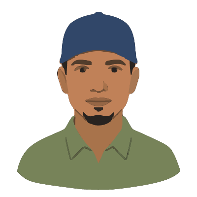A Puerto Rican man about 38 with medium-brown skin, a navy baseball cap, a thin black goatee, an olive button-up shirt. Cut paper style.