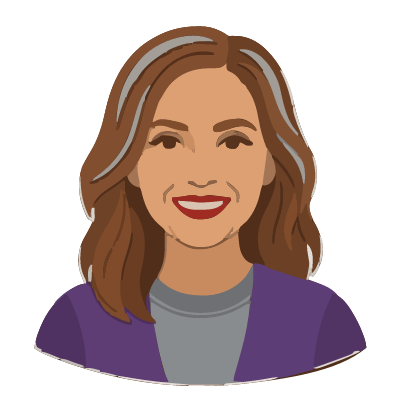 A Colombian woman about 50 with warm light-brown skin, shoulder-length wavy chestnut hair, red lipstick, a purple cardigan over a gray top. Cut paper style.
