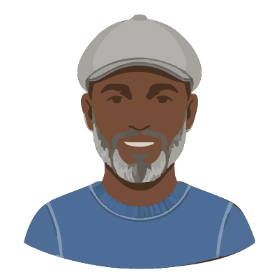 A Kenyan man about 52 with deep brown skin, a gray flat cap, a short salt-and-pepper beard, a blue knit sweater. Cut paper style.