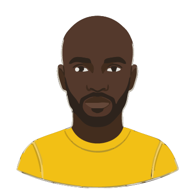 A Senegalese man about 34 with very dark brown skin, a shaved head, a neatly trimmed beard, a bright yellow sweater. Cut paper style.