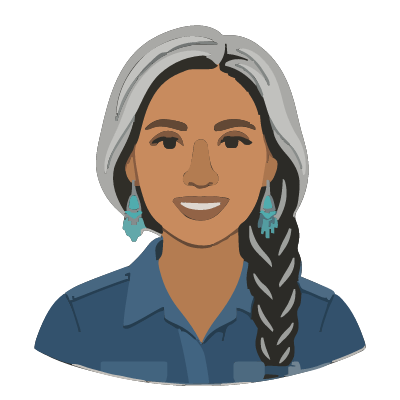 A Cherokee woman about 54 with medium-brown skin, long gray-streaked black hair in a side braid over her shoulder, turquoise earrings, a blue denim shirt. Cut paper style.