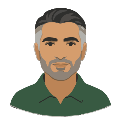 An Iranian man about 45 with olive skin, short dark hair with gray temples, thick dark eyebrows, light stubble, a forest-green polo shirt. Cut paper style.