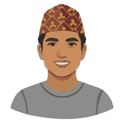 A Nepali man about 27 with medium-brown skin, short black hair under a maroon-and-mustard topi cap, a gray sweater. Cut paper style.