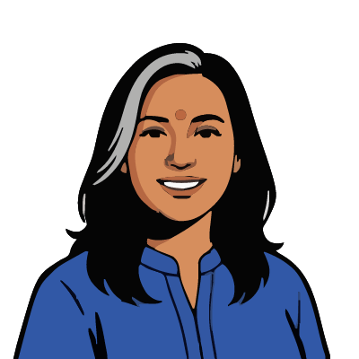 An Indian woman about 42 with medium-brown skin, long black hair with one wide streak of silver-gray at the front, a clearly visible round bright red bindi dot in the middle of her forehead, a small gold stud on her left nostril, a cobalt-blue kurta top. Pop comic style.