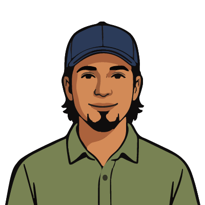 A Puerto Rican man about 38 with medium-brown skin, a navy baseball cap, a thin black goatee, an olive button-up shirt. Pop comic style.