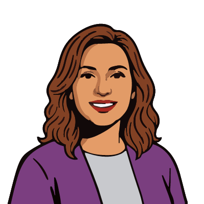 A Colombian woman about 50 with warm light-brown skin, shoulder-length wavy chestnut hair, red lipstick, a purple cardigan over a gray top. Pop comic style.