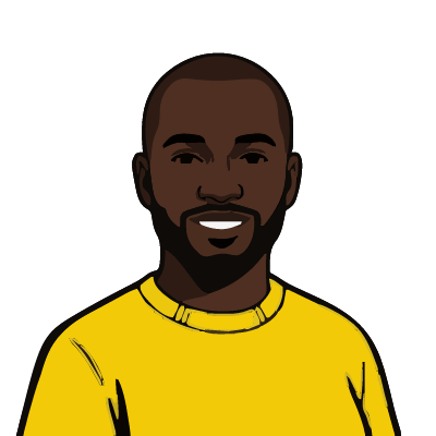 A Senegalese man about 34 with very dark brown skin, a shaved head, a neatly trimmed beard, a bright yellow sweater. Pop comic style.