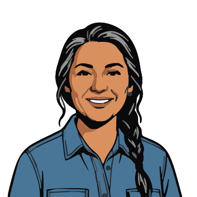 A Cherokee woman about 54 with medium-brown skin, long gray-streaked black hair in a side braid over her shoulder, turquoise earrings, a blue denim shirt. Pop comic style.