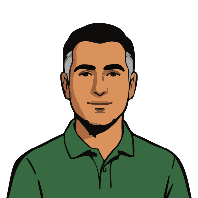 An Iranian man about 45 with olive skin, short dark hair with gray temples, thick dark eyebrows, light stubble, a forest-green polo shirt. Pop comic style.