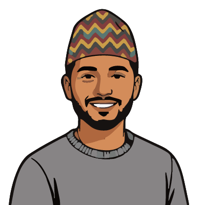 A Nepali man about 27 with medium-brown skin, short black hair under a maroon-and-mustard topi cap, a gray sweater. Pop comic style.