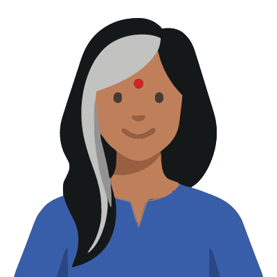 An Indian woman about 42 with medium-brown skin, long black hair with one wide streak of silver-gray at the front, a clearly visible round bright red bindi dot in the middle of her forehead, a small gold stud on her left nostril, a cobalt-blue kurta top. Soft geometric style.