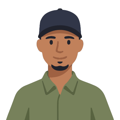 A Puerto Rican man about 38 with medium-brown skin, a navy baseball cap, a thin black goatee, an olive button-up shirt. Soft geometric style.