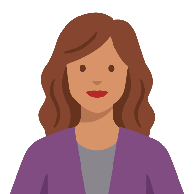 A Colombian woman about 50 with warm light-brown skin, shoulder-length wavy chestnut hair, red lipstick, a purple cardigan over a gray top. Soft geometric style.