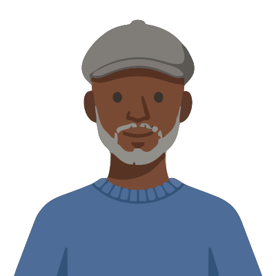 A Kenyan man about 52 with deep brown skin, a gray flat cap, a short salt-and-pepper beard, a blue knit sweater. Soft geometric style.