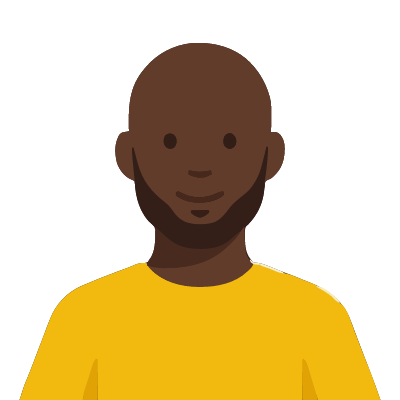 A Senegalese man about 34 with very dark brown skin, a shaved head, a neatly trimmed beard, a bright yellow sweater. Soft geometric style.