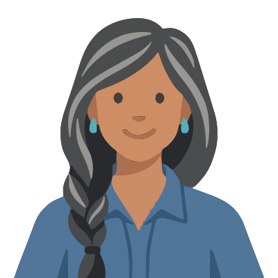 A Cherokee woman about 54 with medium-brown skin, long gray-streaked black hair in a side braid over her shoulder, turquoise earrings, a blue denim shirt. Soft geometric style.