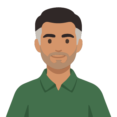 An Iranian man about 45 with olive skin, short dark hair with gray temples, thick dark eyebrows, light stubble, a forest-green polo shirt. Soft geometric style.