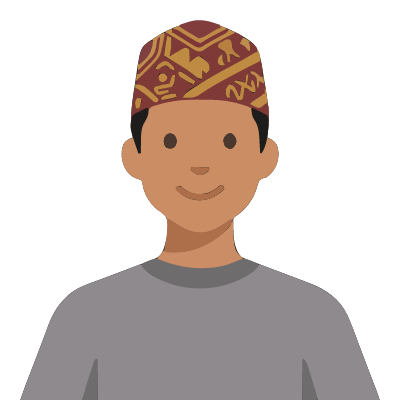 A Nepali man about 27 with medium-brown skin, short black hair under a maroon-and-mustard topi cap, a gray sweater. Soft geometric style.